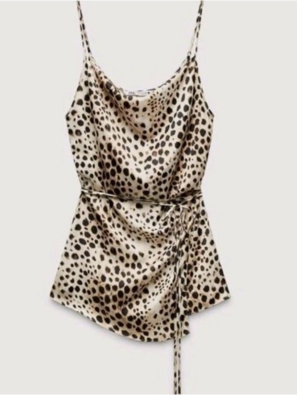 Zara Leopard Print Satin Cowl Neck Tank Top - Beige/Black